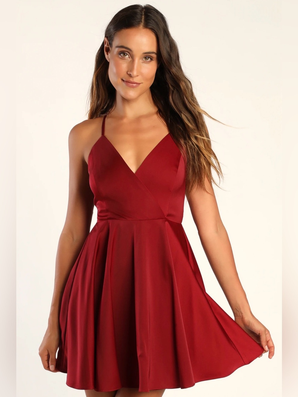 Lulus Wine Red Satin Tie-Back Skater Mini Dress Size S NWT Open Back Fit & Flare